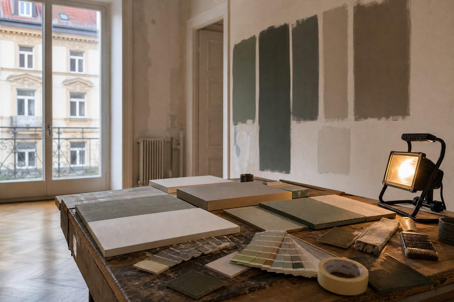 Farbmuster und Materialtafeln in einer Münchner Wohnung zur Farbberatung