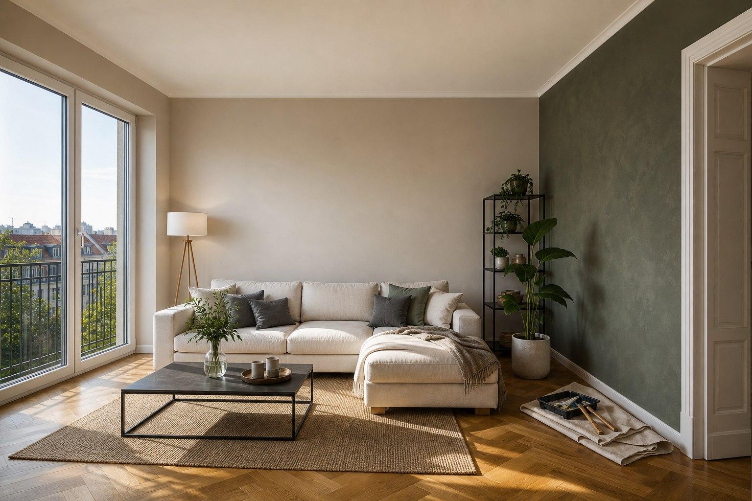 Fertig renovierter Münchner Wohnraum mit präzise gestalteter Wandoberfläche